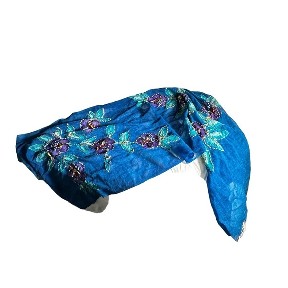 Exclusively For Signals Wool Blue Purple Floral Embroidered Scarf - Picture 12 of 13